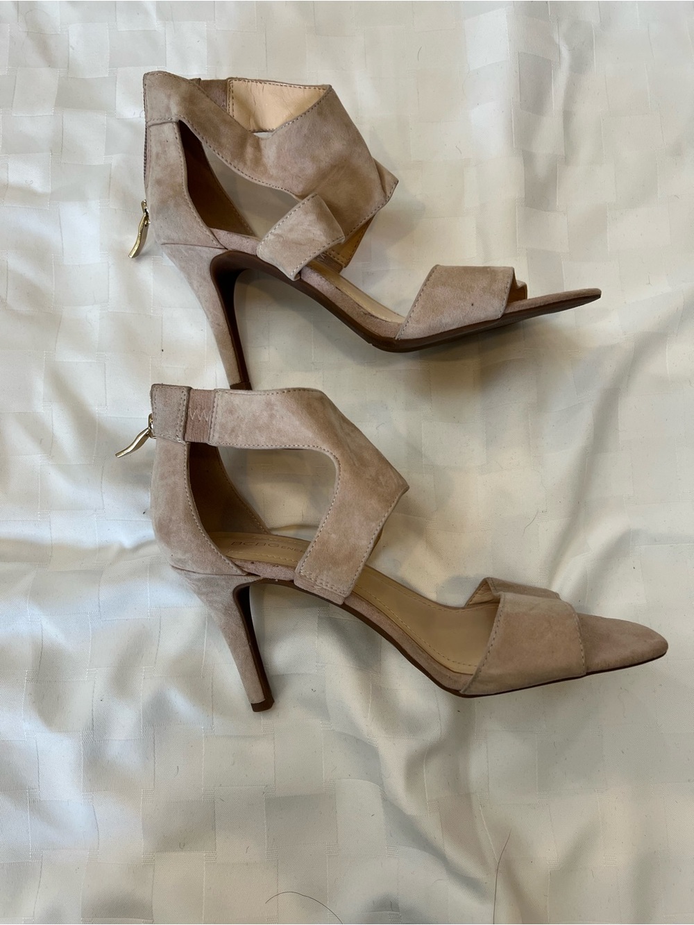 BCBG Women's Suede Open-Toe Ankle Strap Heels in Taupe